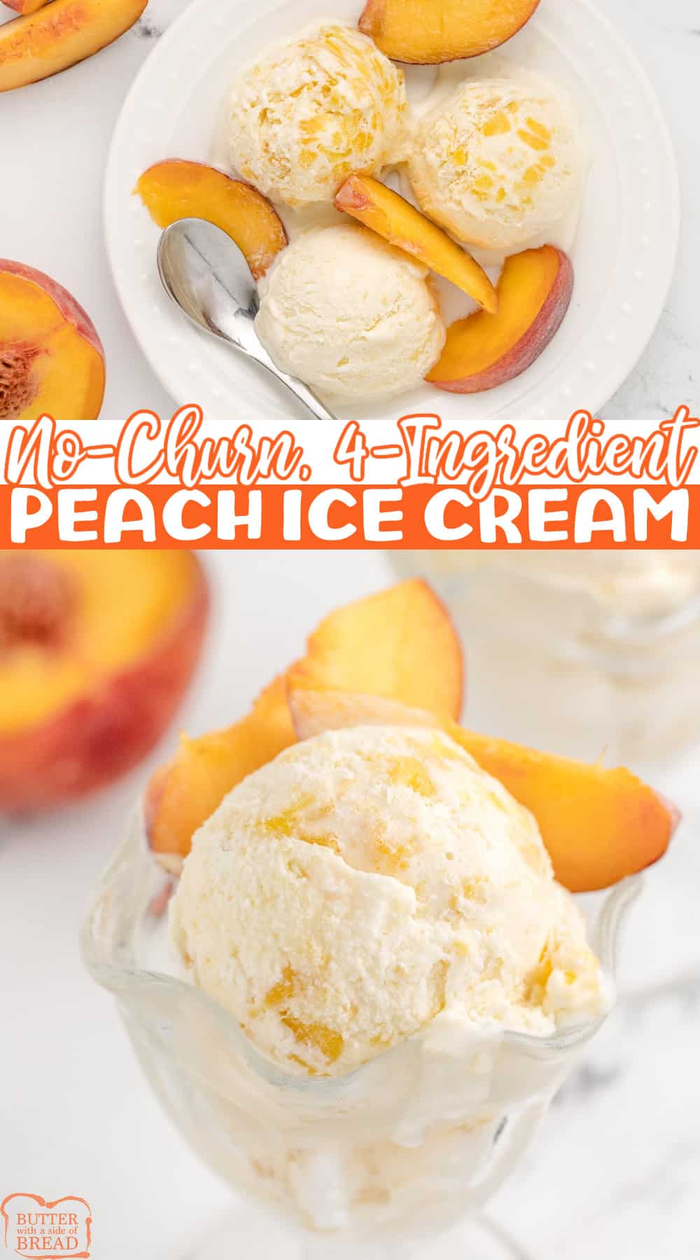 Peach Ice Cream made with fresh peaches and cream, no ice cream maker required! Homemade peach ice cream made with only 4 ingredients!