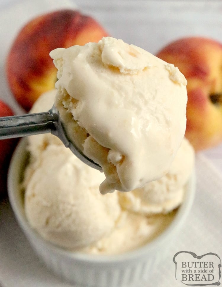 Peach Ice Cream is made with fresh peaches and real whipped cream, no ice cream maker required! Homemade peach ice cream is made with only 4 ingredients and a few minutes of preparation.