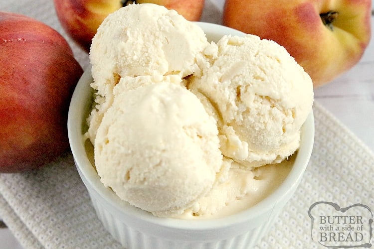 Peach Ice Cream is made with fresh peaches and real whipped cream, no ice cream maker required! Homemade peach ice cream is made with only 4 ingredients and a few minutes of preparation.