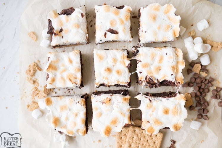 s'mores brownies baked and cut into squares