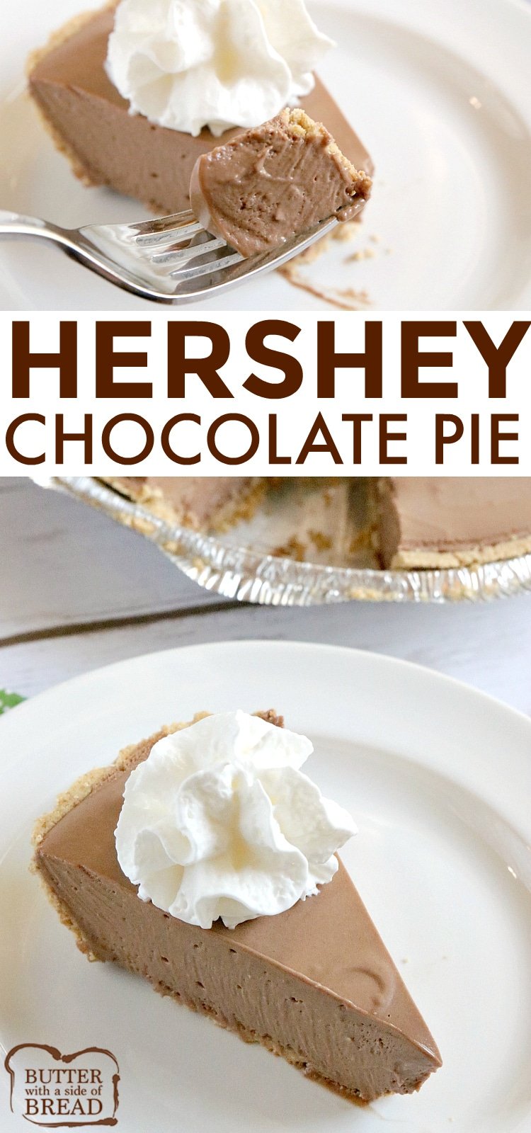 Hershey Chocolate Pie is a no-bake chocolate pie made with melted marshmallows, melted Hershey bars and real whipped cream in a graham cracker crust. This easy chocolate pie recipe is so simple to make and is rich, chocolatey and absolutely delicious! 