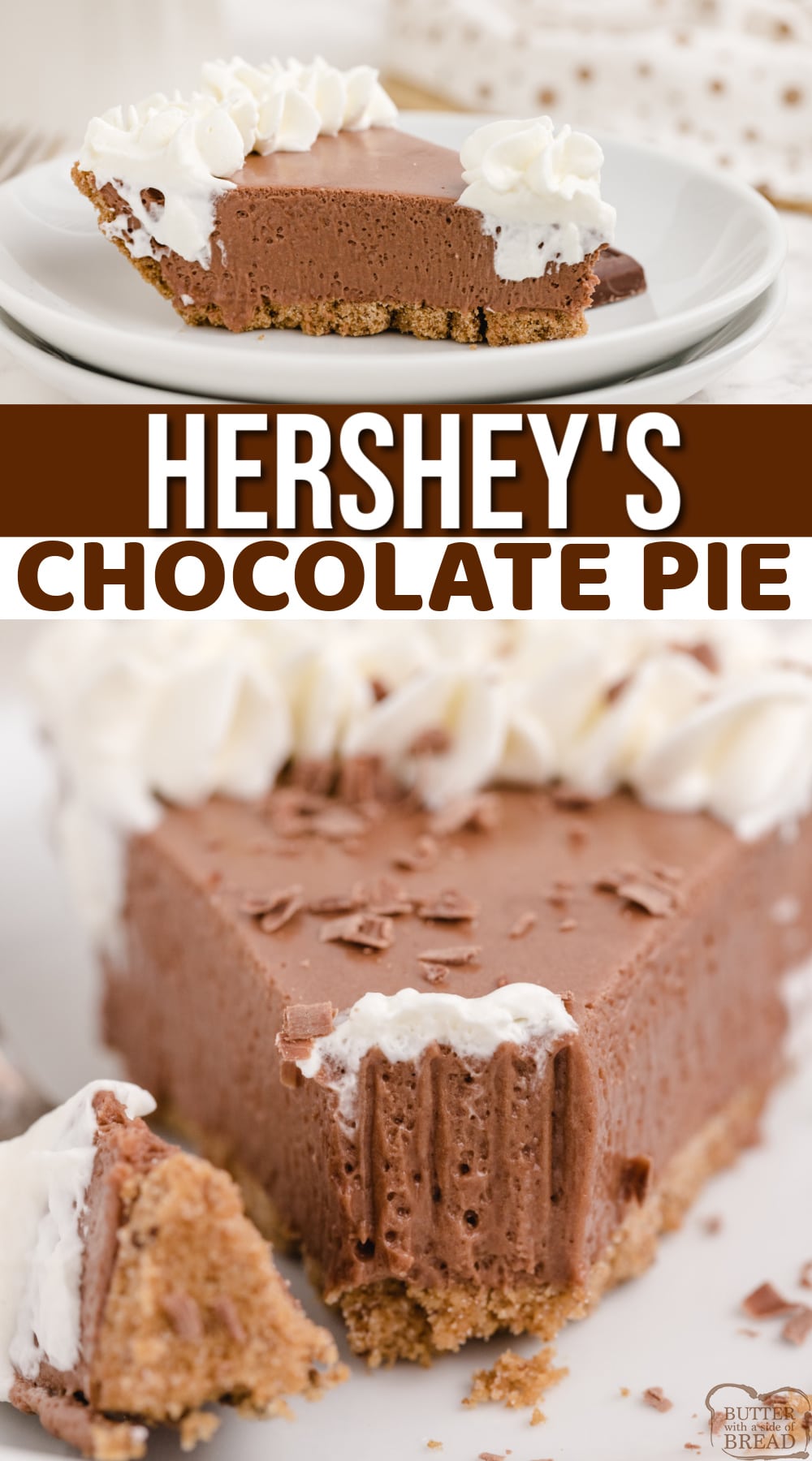 Hershey Chocolate Pie is a no-bake chocolate pie made with melted marshmallows, melted Hershey bars and real whipped cream in a graham cracker crust. This easy chocolate pie recipe is so simple to make and is rich, chocolatey and absolutely delicious!