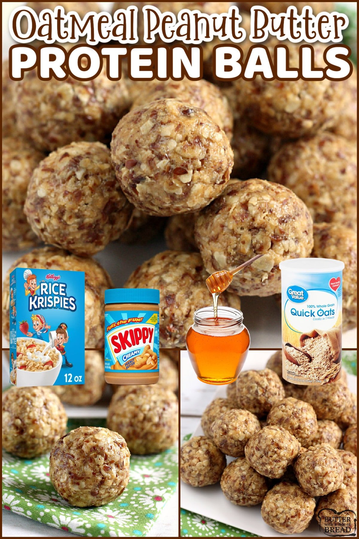 Oatmeal Peanut Butter Protein Balls are made with oats, peanut butter, honey, flaxseed, Rice Krispies, coconut oil and vanilla. These are healthy, filling and the best protein ball recipe that I've ever tried!