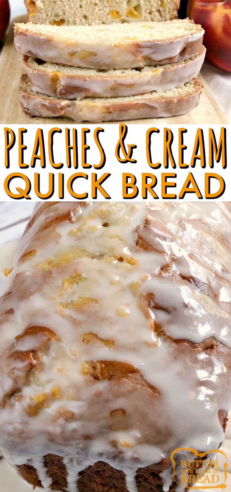 Peaches and Cream Bread is an easy quick bread that is moist, sweet, full of fresh peaches, and then topped with a simple vanilla glaze. This easy bread recipe is a great way to use up all of those peaches that are so delicious right now!