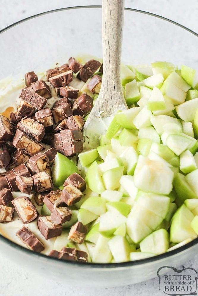creamy fruit salad recipe with snickers and apples