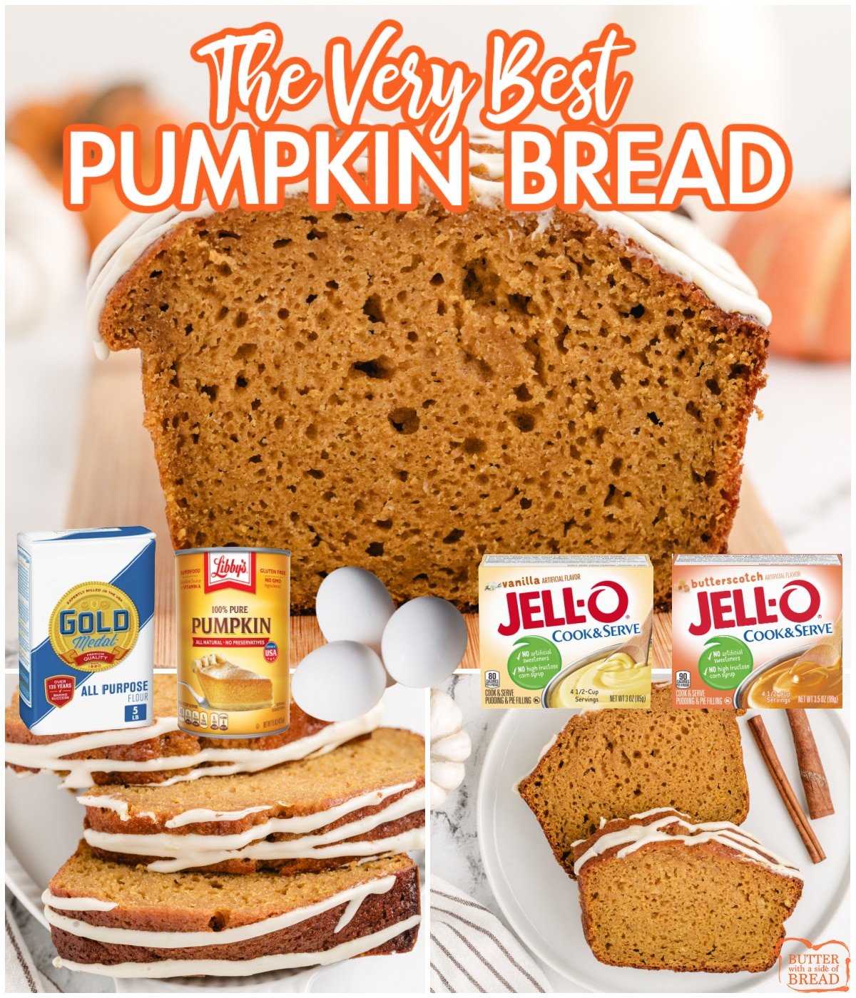 Best Pumpkin Bread that is made with canned pumpkin, vanilla and butterscotch pudding mixes. This deliciously moist pumpkin quick bread recipe is also topped with a delicious cream cheese glaze!