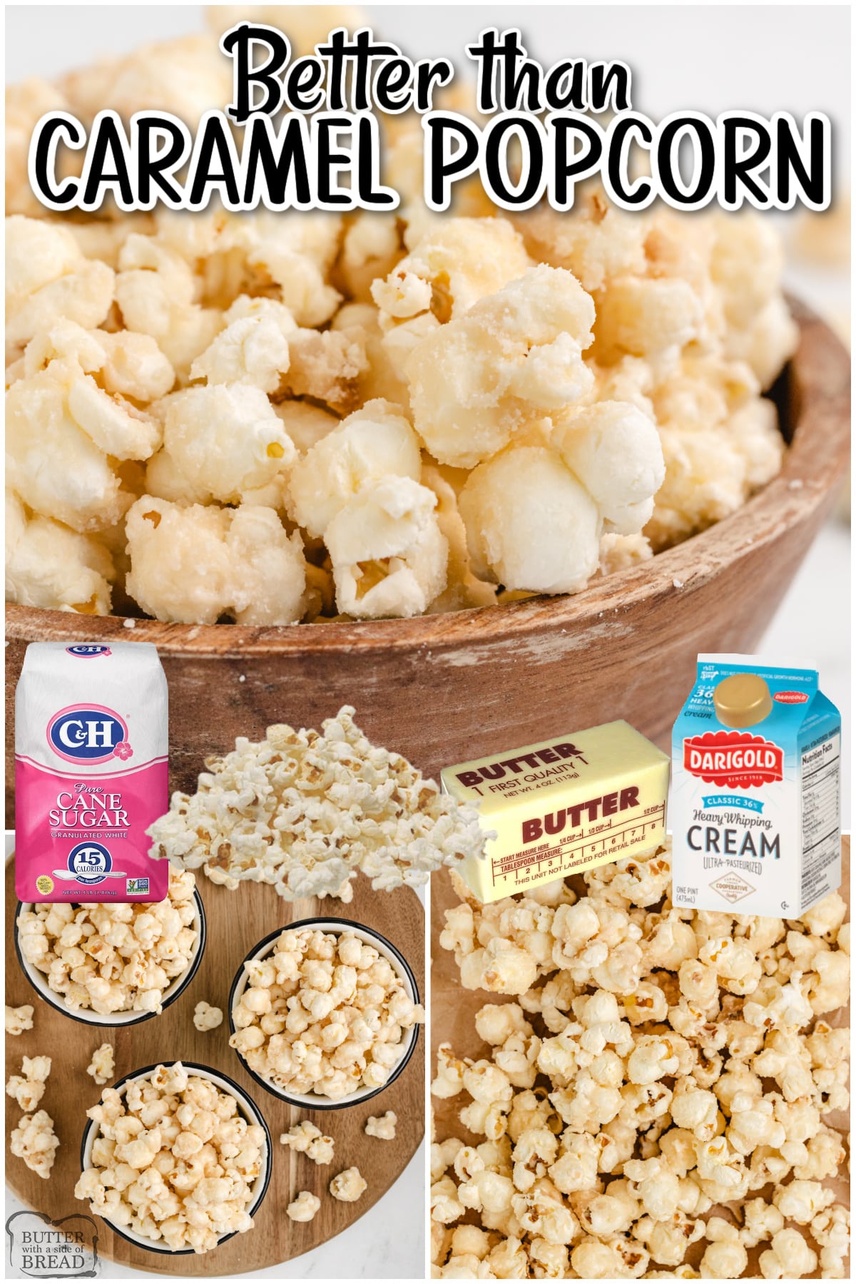 Better Than Caramel Popcorn is gooey, deliciously sweet and so easy to make with just a few simple ingredients! The coating in this caramel popcorn recipe is made with butter, sugar and whipping cream - that's it!