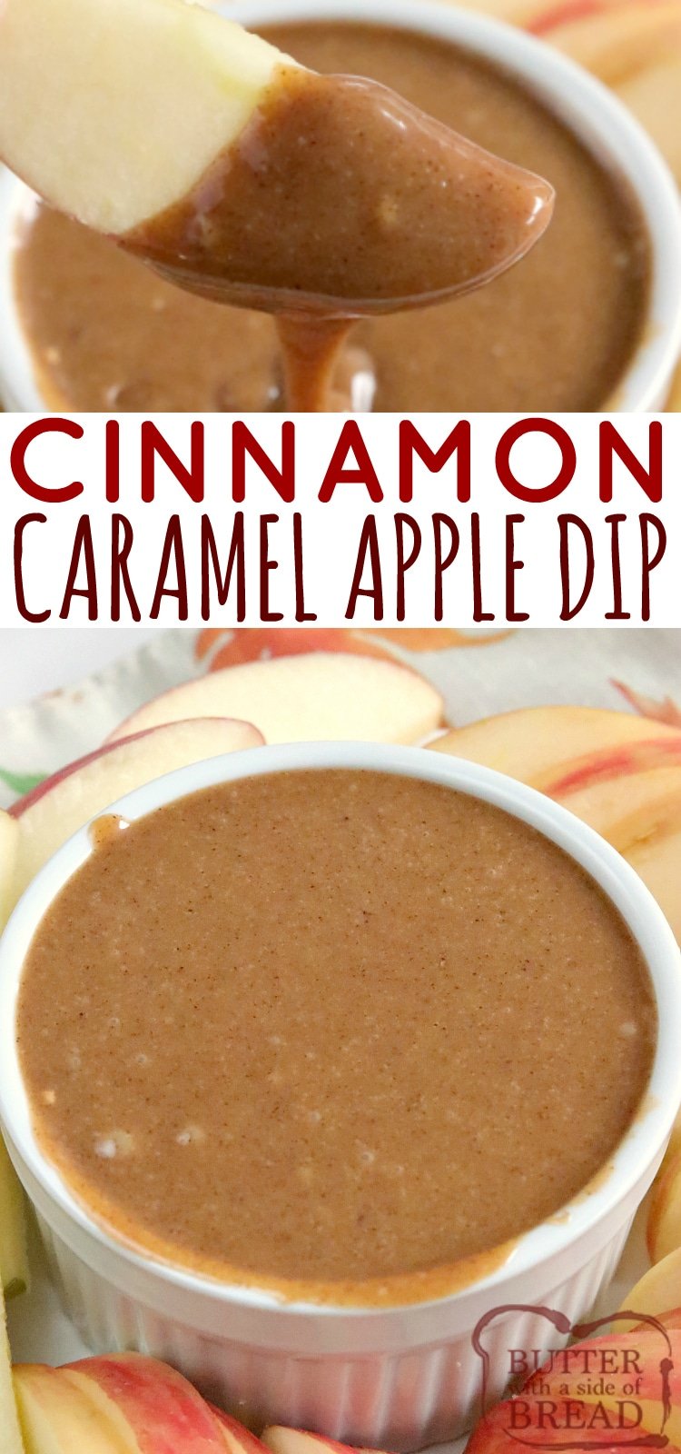 Cinnamon Caramel Apple Dip is made with only 3 ingredients - sweetened condensed milk, butterscotch chips and lots of cinnamon! This easy caramel apple dip recipe is easy and delicious!