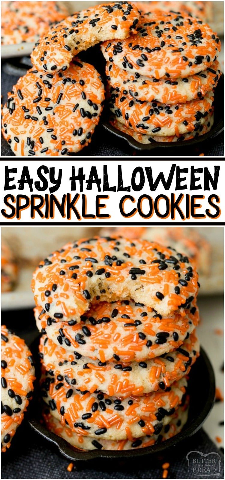 Halloween Sprinkle Cookies are a festive & sweet way to celebrate Halloween! Soft, easy Halloween cookie recipe covered in orange and black sprinkles then baked to cookie perfection. #cookies #sprinkles #Halloween #dessert #recipe from BUTTER WITH A SIDE OF BREAD