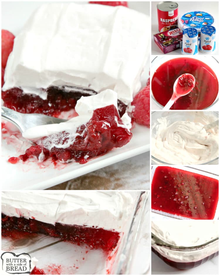 Easy Raspberry Jello Salad is made with raspberry pie filling and jello and then is topped with a creamy raspberry layer. Only four ingredients for an easy jello recipe that works as a side dish or a dessert!