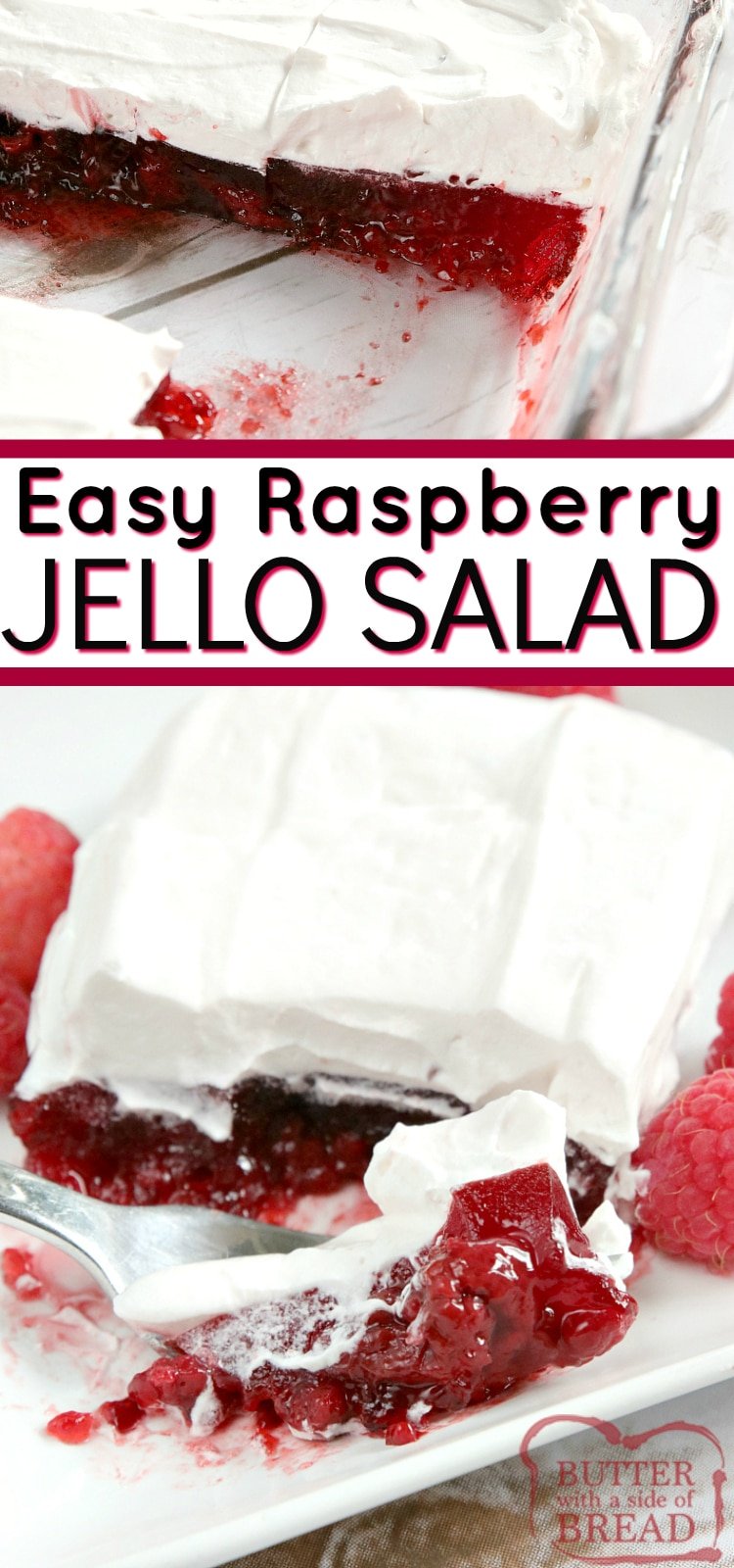 Easy Raspberry Jello Salad is made with raspberry pie filling and jello and then is topped with a creamy raspberry layer. Only four ingredients for an easy jello recipe that works as a side dish or a dessert!