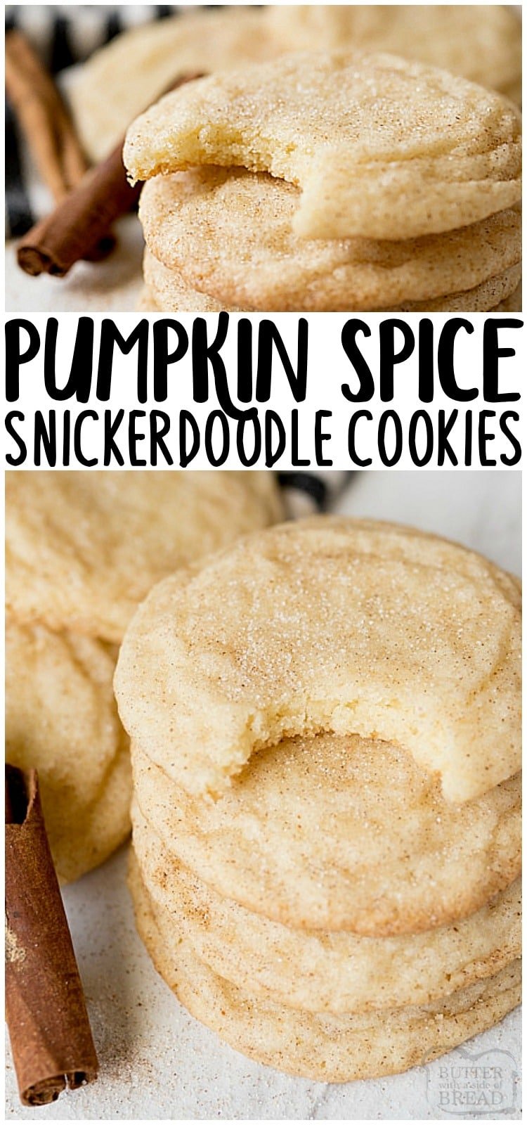 Pumpkin Spice Snickerdoodles are a soft, pillowy vanilla cookie rolled in pumpkin pie spice & sugar before baking! Fun Fall twist to classic snickerdoodle cookie recipe! PUMPKIN SPICE SNICKERDOODLE COOKIES from BUTTER WITH A SIDE OF BREAD #pumpkinspice #snickerdoodles #cookies #baking #dessertrecipes 