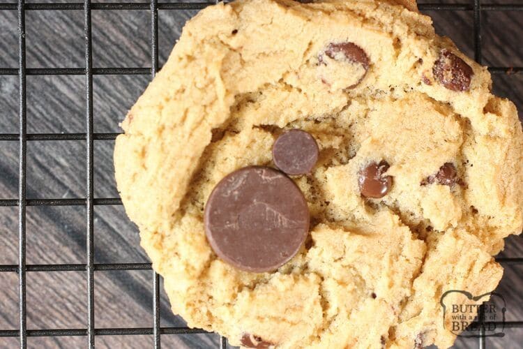 chocolate chip cookie with large chocolate chip placed on top