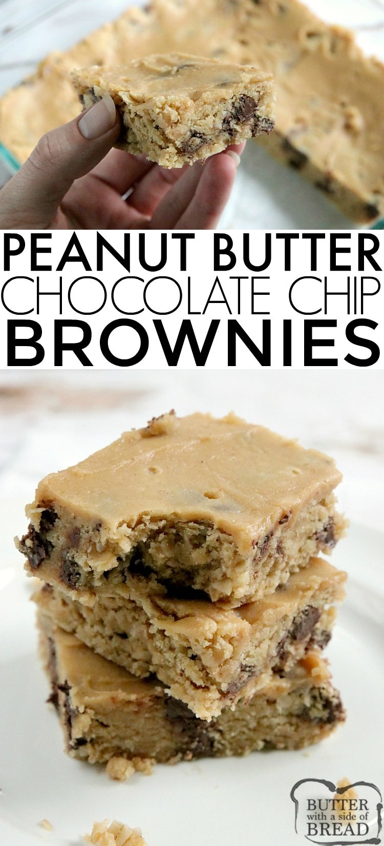 Chocolate Chip Peanut Butter Brownies are full of oats, peanut butter and chocolate chips and topped with a simple peanut butter frosting. These delicious peanut butter bars have the consistency of your favorite brownie recipe.