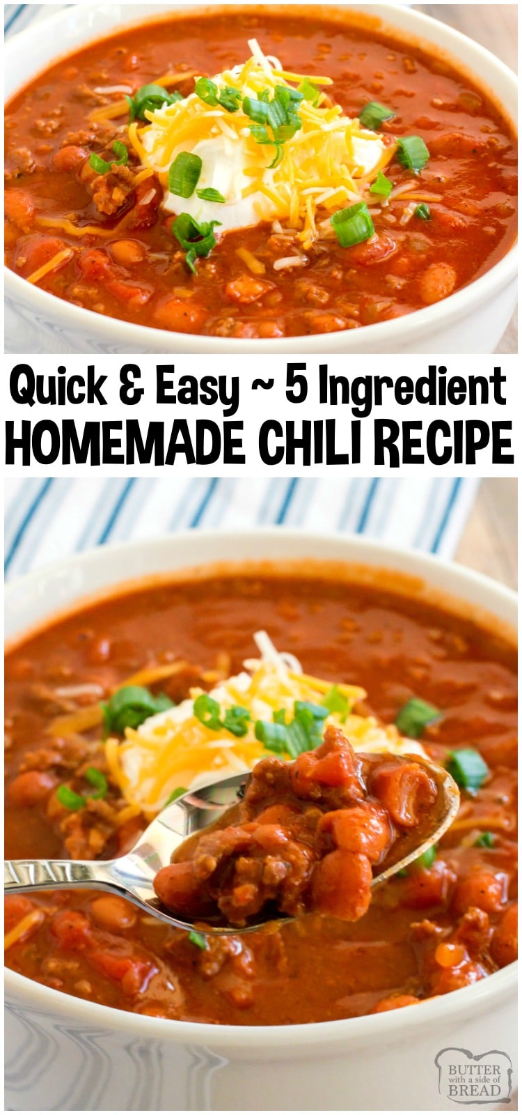 Easy Chili Recipe made in under hours with 5 ingredients! This flavorful and easy chili recipe made on the stove will be perfect for any family dinner.