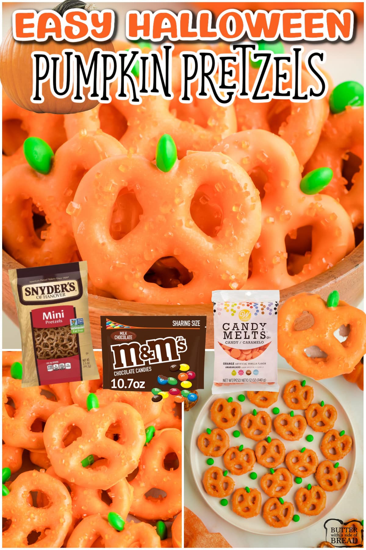 Easy Pumpkin Pretzels are orange chocolate covered pretzels that look like cute pumpkins! Chocolate covered pretzels for Halloween are fun & festive treats for your Fall party!