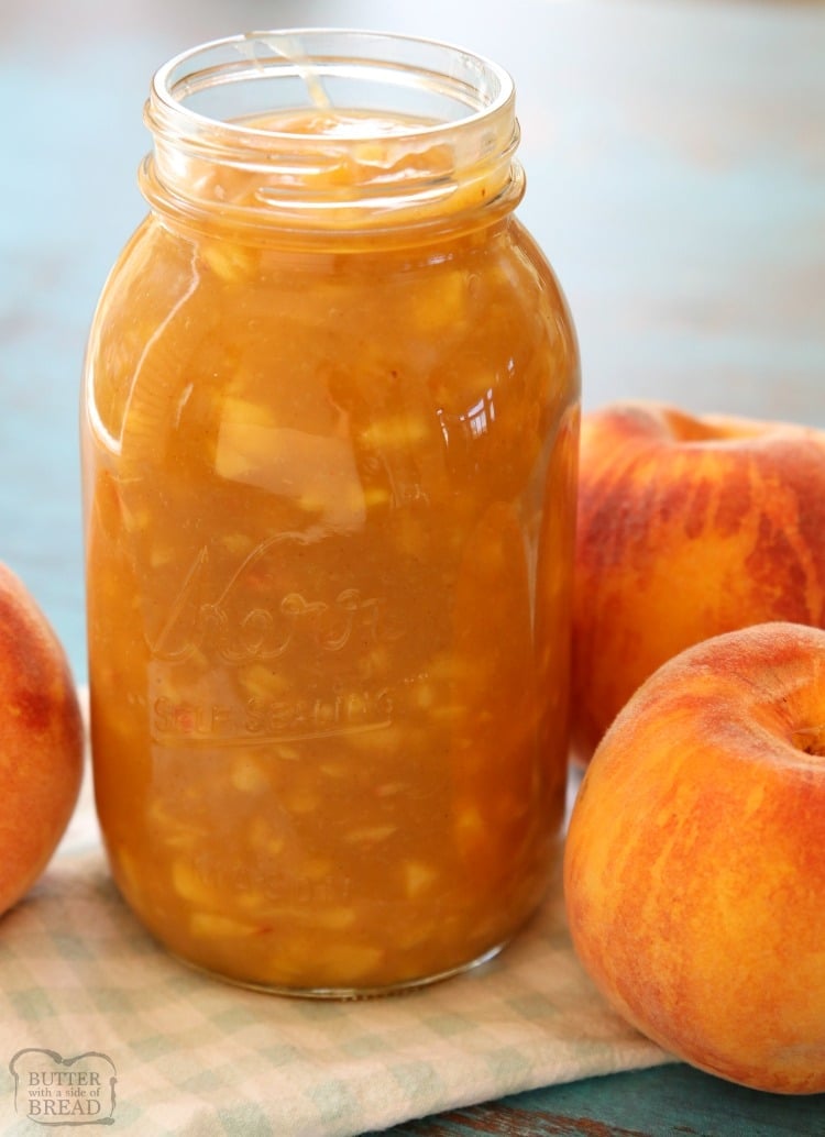 homemade peach syrup in a jar