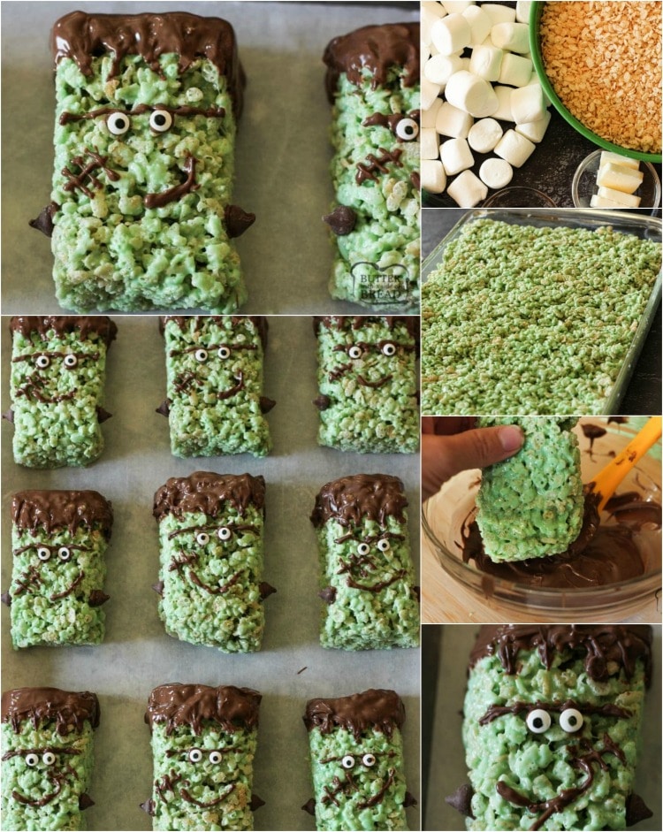 Frankenstein Rice Krispie Treats are cute green Krispie treats dipped in chocolate & made into Frankensteins! Simple Halloween rice Krispie treats perfect for Halloween Parties!