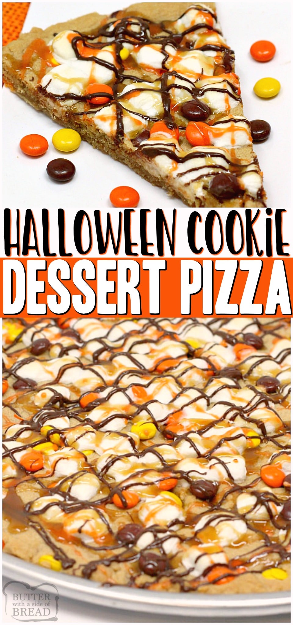 Halloween Peanut Butter Cookie Pizza is made with a delicious peanut butter cookie crust that is topped with marshmallows and Reese's Pieces and then drizzled with chocolate, caramel and orange icing! The perfect Halloween dessert! #cookie #pizza #Halloween #peanutbutter #dessert #baking #easyrecipe from BUTTER WITH A SIDE OF BREAD