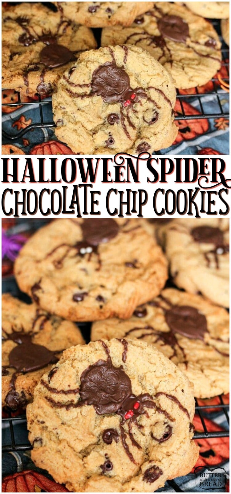 Halloween Spider Cookies are so much fun to make! A classic cookie recipe takes a creepy turn with a giant chocolate spider on top! Perfect addition to Halloween. #spider #cookies #Halloween #chocolate #baking #dessert from BUTTER WITH A SIDE OF BREAD