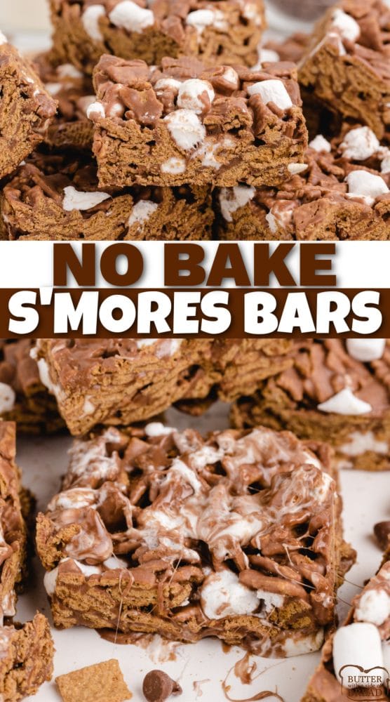 No Bake S'mores Bars are easily made in less than 5 minutes with marshmallows, milk chocolate and Golden Grahams cereal. Delicious s'mores recipe without the campfire or the mess!