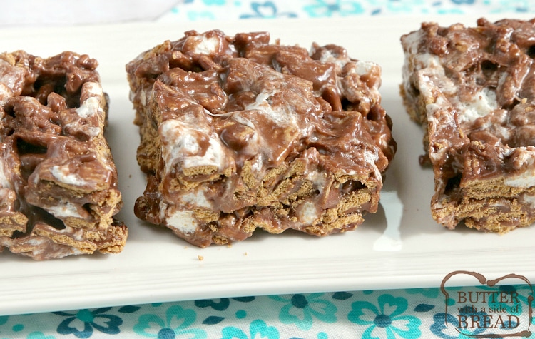 No Bake S'mores Bars are made with Golden Grahams, melted chocolate and marshmallows. This delicious no bake dessert recipe comes together in just a few minutes and tastes just like s'mores, without the mess or the campfire! 