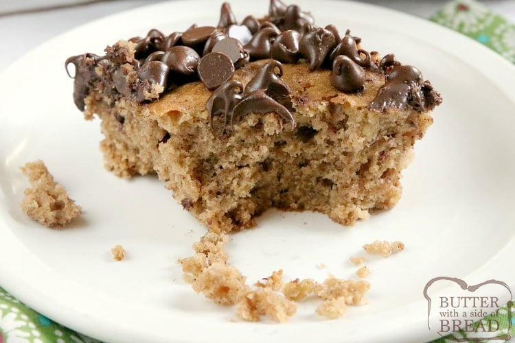 Oatmeal Cake recipe that is moist, full of oats and easily topped with chocolate chips. This easy cake recipe is made with simple ingredients that yield such a delicious cake, you don't even need frosting!