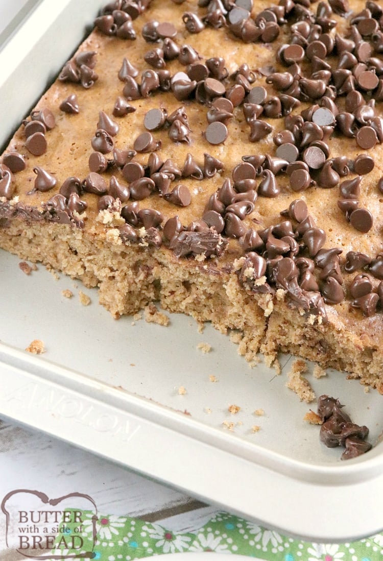 Oatmeal Cake recipe that is moist, full of oats and easily topped with chocolate chips. This easy cake recipe is made with simple ingredients that yield such a delicious cake, you don't even need frosting!