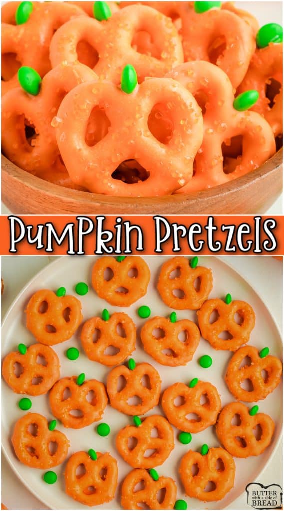 Easy Pumpkin Pretzels are orange chocolate covered pretzels that look like cute pumpkins! Chocolate covered pretzels for Halloween are fun & festive treats for your Fall party!
