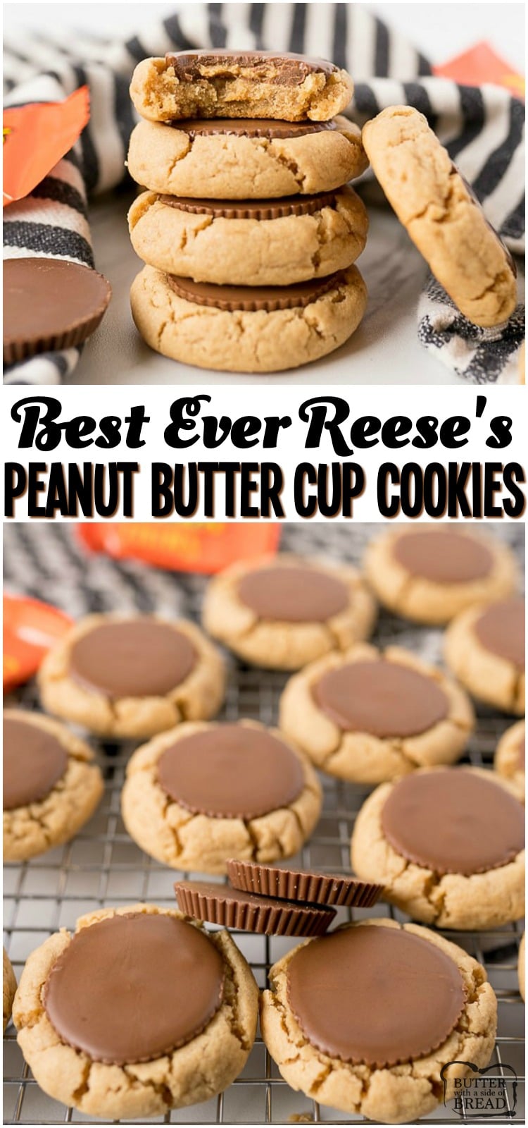 Reese's Peanut Butter Cup Cookies are a mega soft and chewy peanut butter cookie, baked and then topped with a Peanut Butter Cup straight out of the oven! Perfect peanut butter cookie  for all Peanut Butter and Chocolate lovers! #reeses #peanutbutter #cookies #peatnutbuttercup #dessert #chocolate #dessert #baking #recipe from BUTTER WITH A SIDE OF BREAD