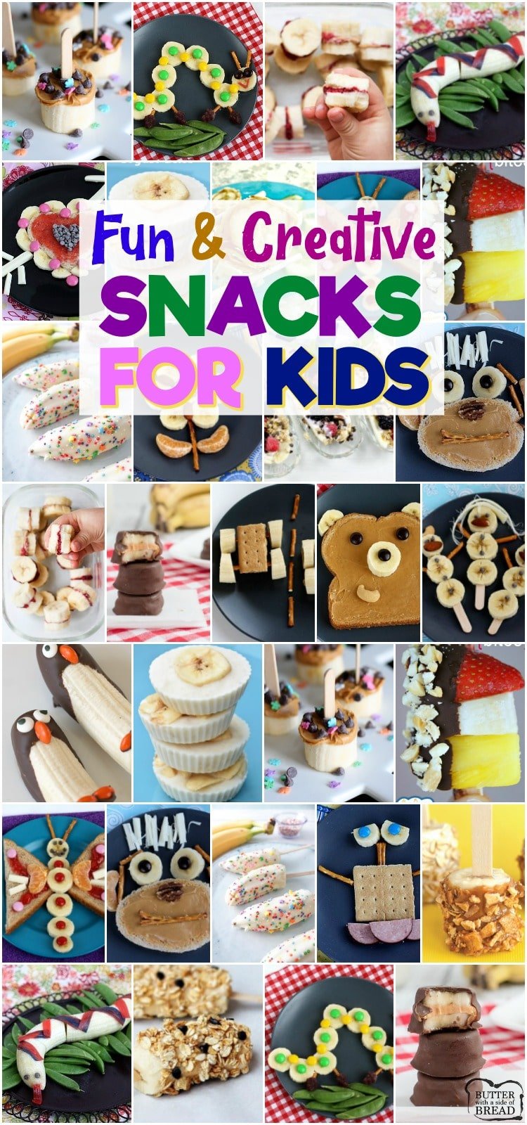 Snacks with Bananas are fun & healthy snacks perfect for even the pickiest of kids! These banana snacks are perfect for breakfast, lunch, snacks and treats! #bananas #snack #kidsnacks #snacks #fruit #lunch from BUTTER WITH A SIDE OF BREAD