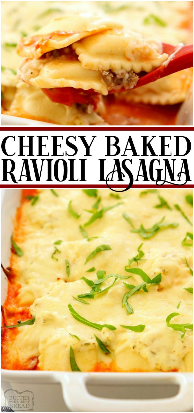 Cheesy Baked Ravioli Lasagna made with San Marzano tomatoes, 3 types of cheese, Italian Sausage and frozen ravioli. Easy weeknight baked ravioli recipe full of flavor!