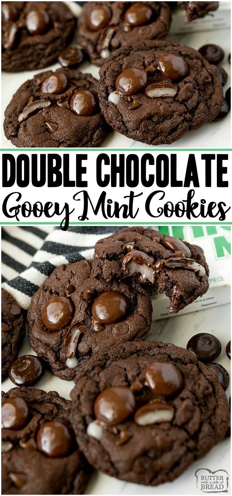 Double Chocolate Mint Cookies are a rich, chewy chocolate cookie topped with Junior Mints! Perfect fudge cookie recipe for mint chocolate lovers.  #cookies #mint #chocolate #baking #dessert #chocolatecookies #cookierecipe from BUTTER WITH A SIDE OF BREAD