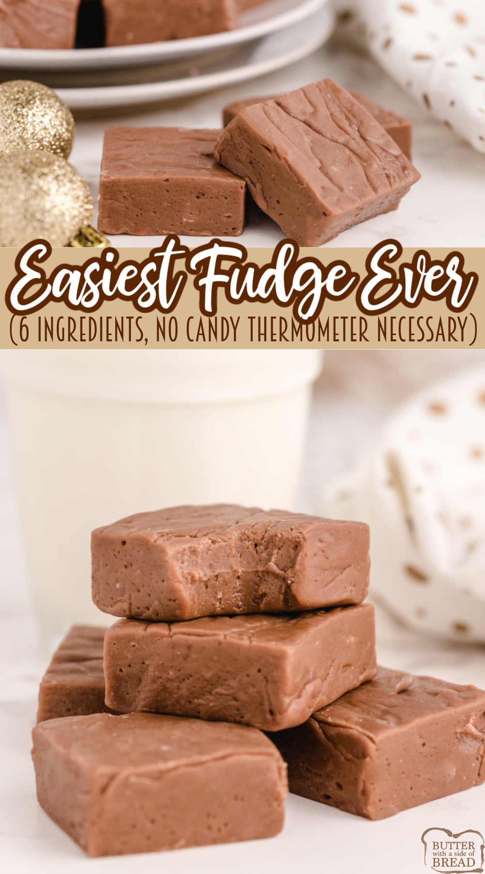 Easy Fudge recipe that only has six ingredients, no candy thermometer required! This delicious chocolate fudge recipe has two kinds of pudding in it and only takes a few minutes to make!