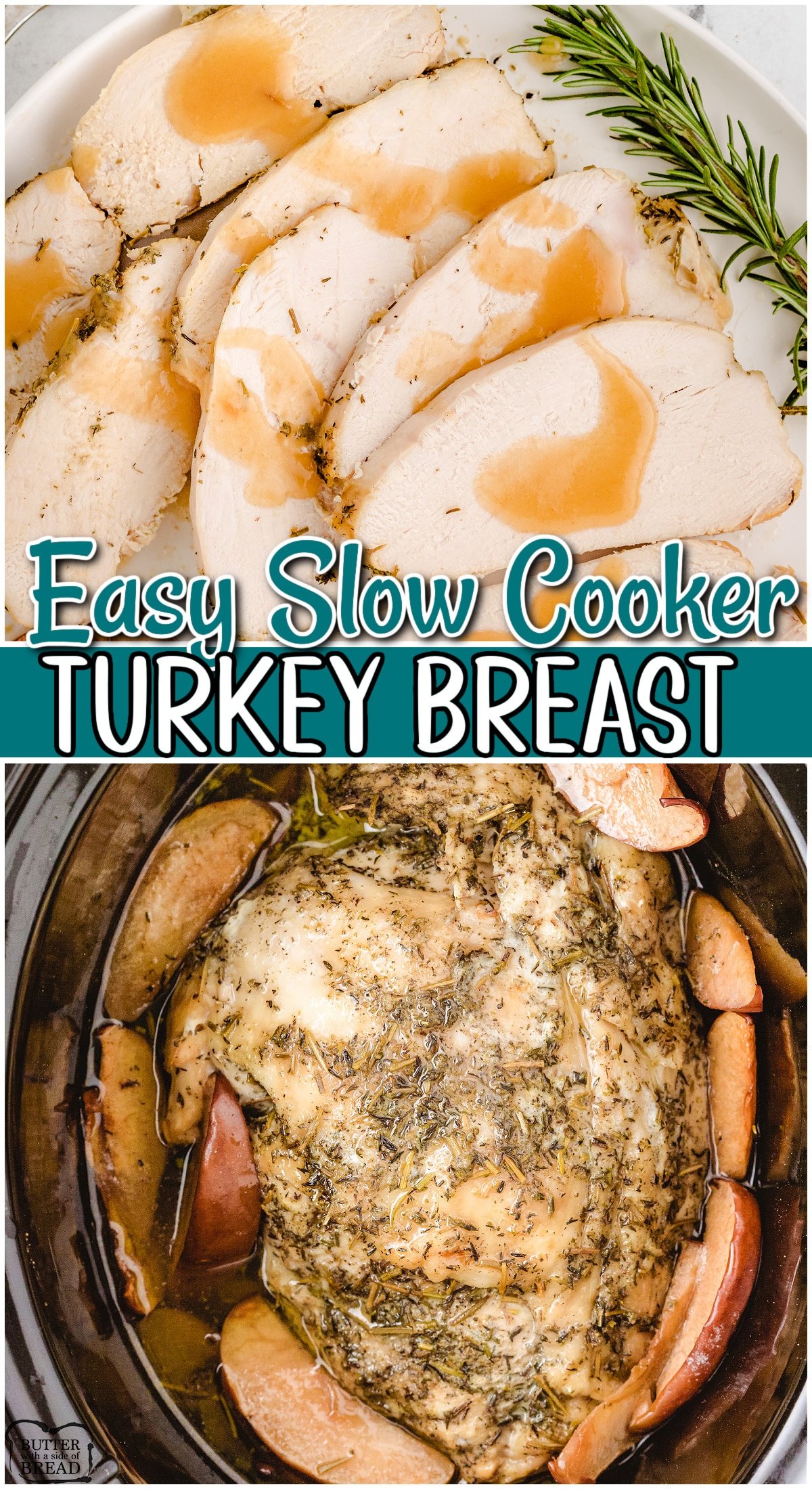 Easy Slow Cooker Turkey Breast made juicy & flavorful with butter, apple & a delicious mix of traditional seasonings. This crock pot turkey breast recipe is perfect for holidays or any time of the year!