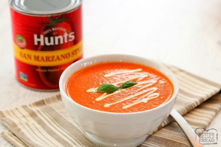 Easy 10-Minute Tomato Basil Soup recipe made with San Marzano style tomatoes, broth, fresh basil & butter. Smooth & tangy tomato soup that comes together fast.