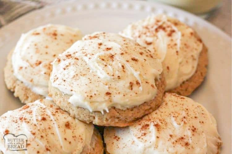 Eggnog Cookies perfect for Santa! Soft & chewy sugar cookies topped with a creamy frosting all with the delicious flavor of eggnog! Lovely cookie recipe for Eggnog lovers. 