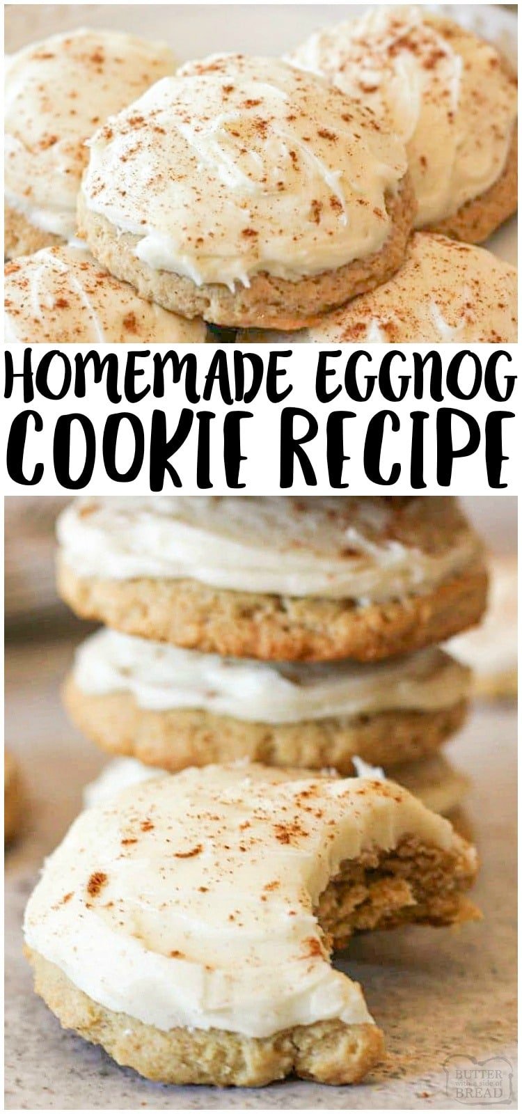 Eggnog Cookies perfect for Santa! Soft & chewy sugar cookies topped with a creamy frosting all with the delicious flavor of eggnog! Lovely cookie recipe for Eggnog lovers.