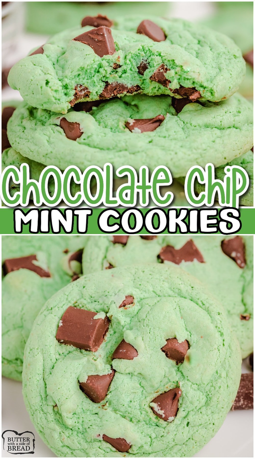 Mint Chocolate Pudding Cookies made with pudding mix, mint extract & chocolate chips. Lovely cookie recipe perfect for those who love mint chip ice cream!