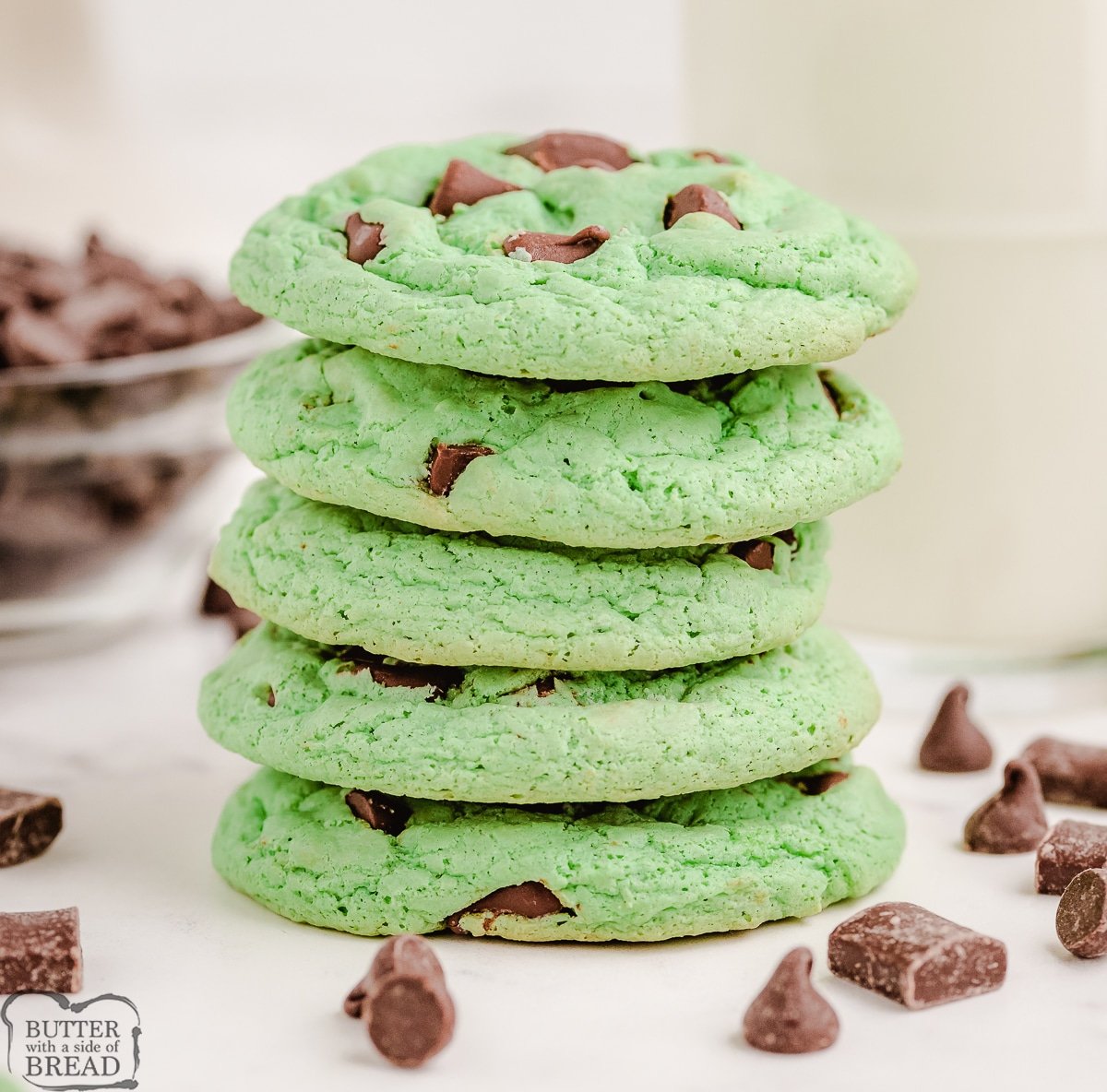 stacked green mint chocolate chip pudding cookies