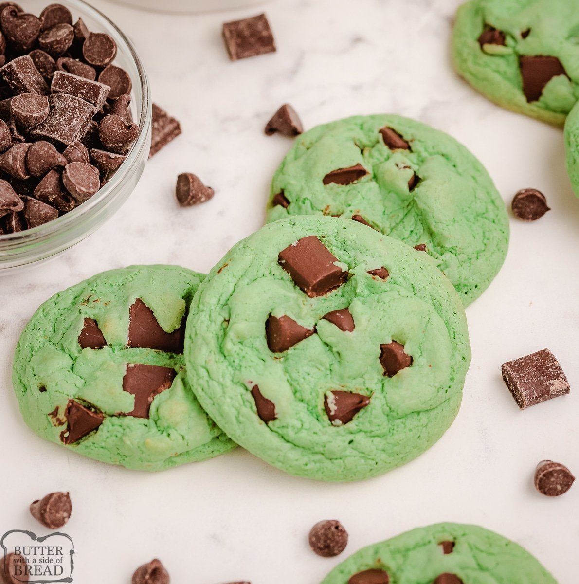 three green mint chocolate chip cookies