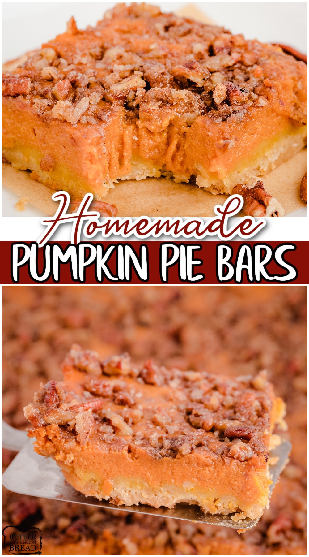 Pumpkin Pie Bars made with a buttery oat crust & topped with traditional pumpkin pie filling with crunchy, sweet pecans. All the flavors you love from pumpkin pie in an easy-to-make dessert bar recipe! 