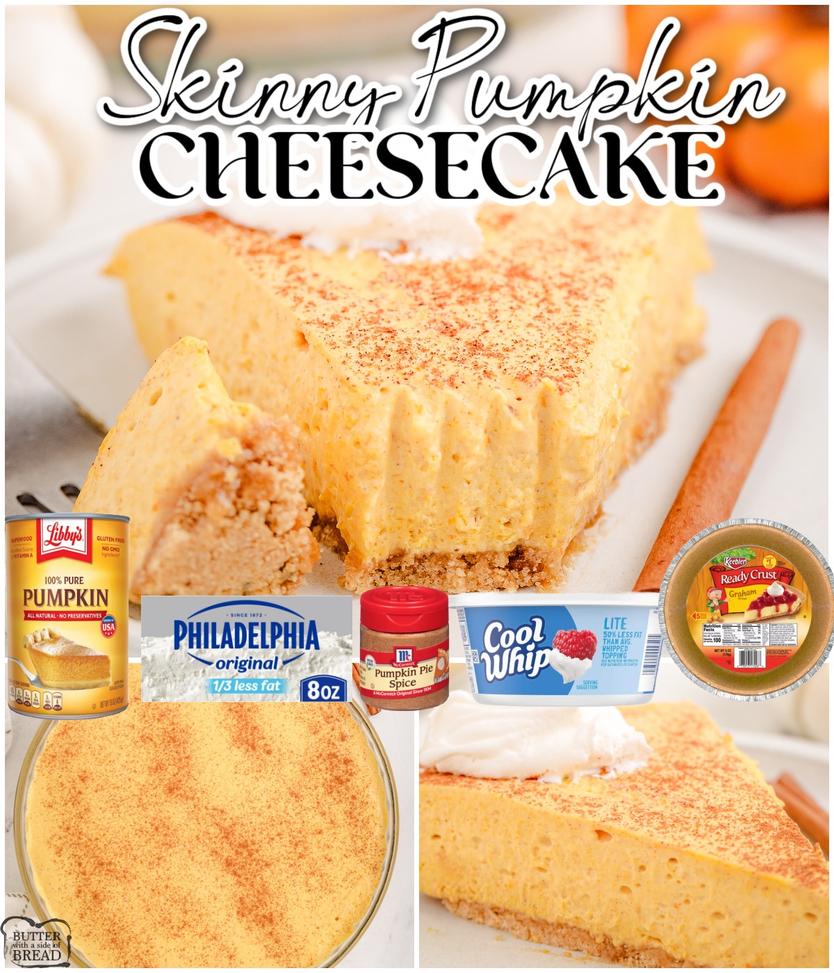 Skinny Pumpkin Cheesecake is a classic no-bake dessert that combines popular spiced Fall flavors with a creamy, light cheesecake filling. This no bake pumpkin cheesecake is a lighter version of the classic dessert that still delivers flavor and texture without all the added calories.