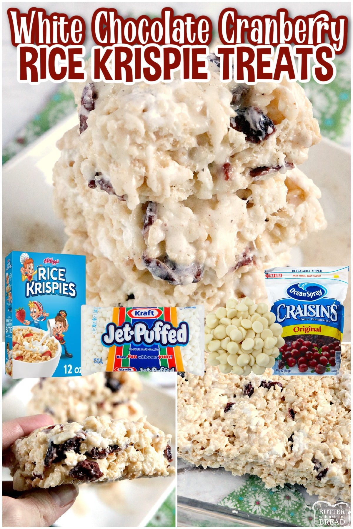 White Chocolate Cranberry Rice Krispie Treats are full of marshmallows, dried cranberries and white chocolate chips. This rice krispie treat recipe is topped with a simple, spiced vanilla glaze to make them even more delicious!