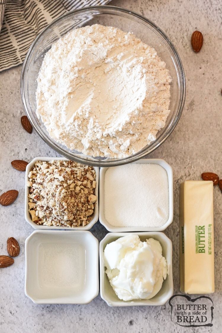 Ingredients needed to make holiday almond crescent cookie recipe
