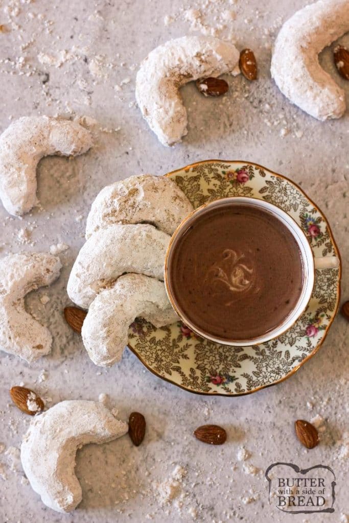 Almond cookies with a cup of hot chocolate