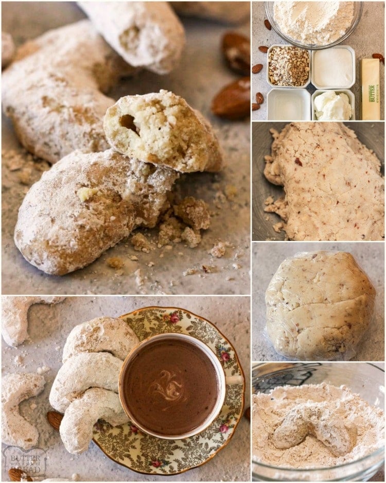 Almond Crescent Cookies are a Christmas favorite! Delicious shortbread cookies, filled with almonds & covered in powdered sugar. These are simple & elegant; perfect for cookie parties, neighbor gifts & dipping in hot cocoa. 