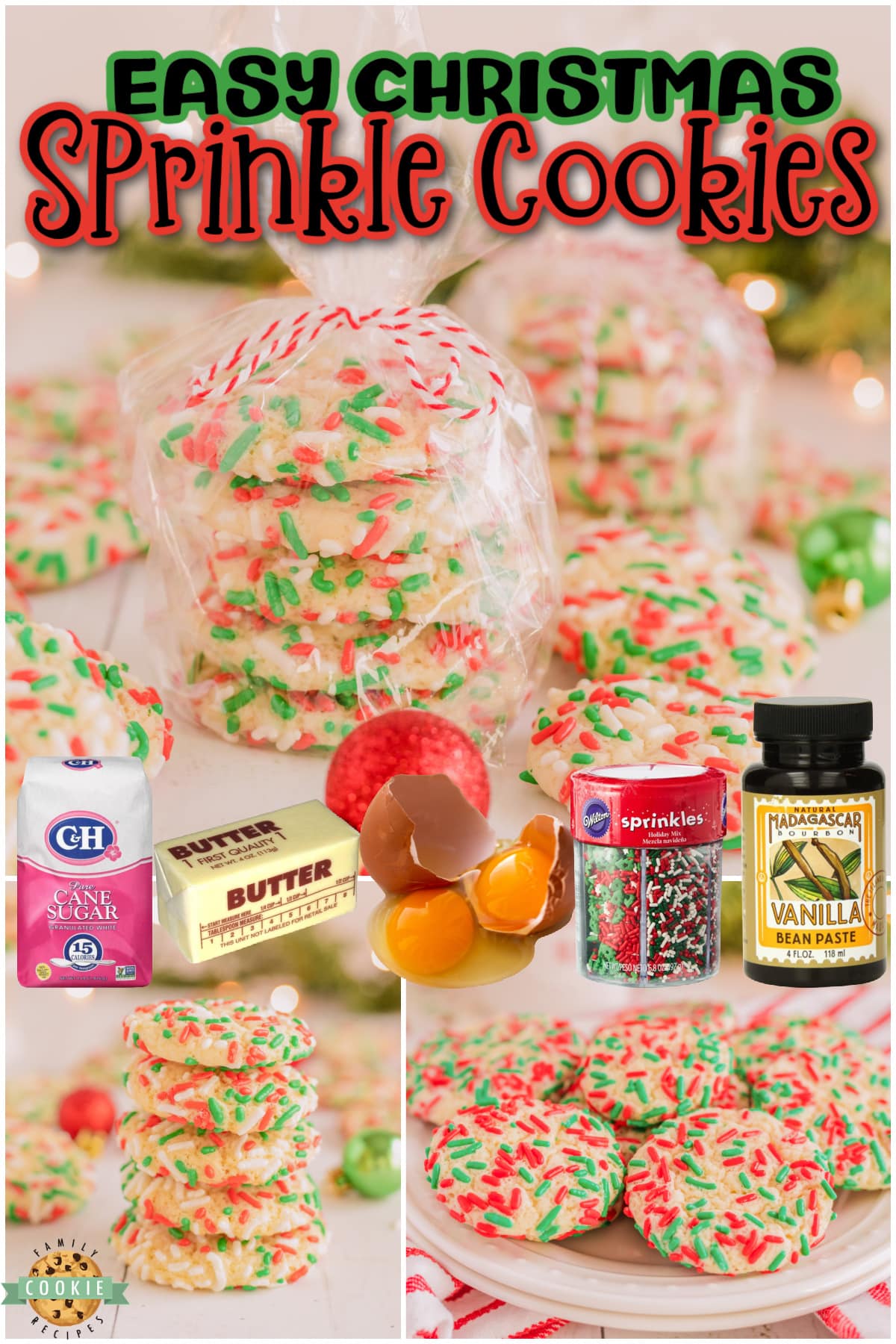 Christmas Sprinkle Cookies are a soft and chewy vanilla sugar cookie covered with red and green sprinkles. Just like the sprinkle cookies made at a bakery, these Christmas Cookies are deliciously festive!