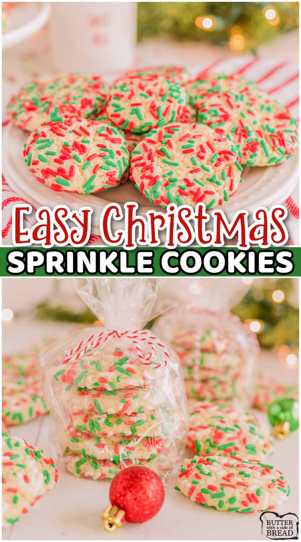 Christmas Sprinkle Cookies are a soft and chewy vanilla sugar cookie covered with red and green sprinkles. Just like the sprinkle cookies made at a bakery, these Christmas Cookies are deliciously festive!