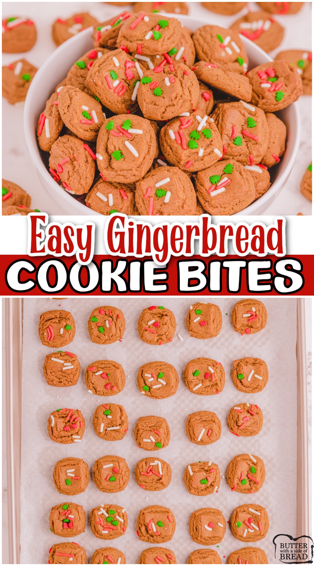 Gingerbread Cookie Bites are the simplest gingerbread recipe ever! Chewy, bite-sized gingerbread cookies that take a fraction of the time to make & perfect for holiday parties!